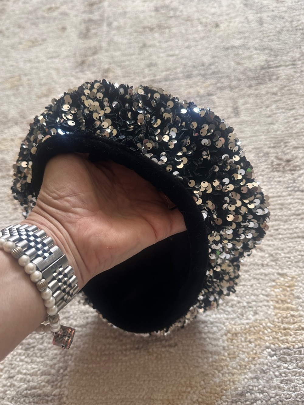 Zara Sequin Beret Hat - Silver Black. Size S